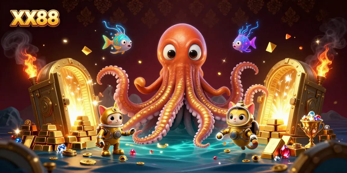 Win big at XX88 with an exciting 3D illustration of a kraken and diving cat amidst treasures.