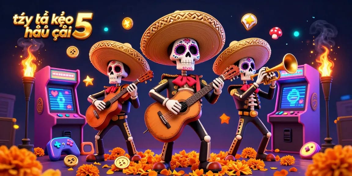Engage with tỷ lệ kèo nhà cái 5 in this lively scene featuring a mariachi band amidst colorful gaming elements.
