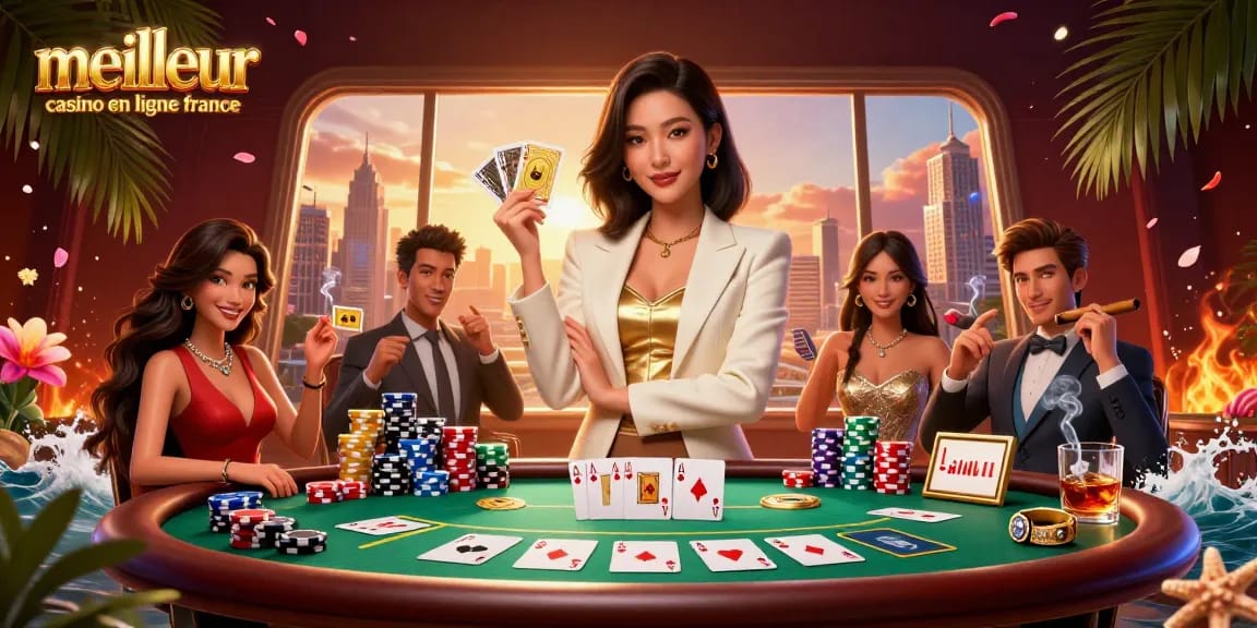Vivez l'excitation au meilleur casino en ligne France avec cette scène de casino dynamique mettant en vedette une femme élégante, des jetons de poker et des cartes.