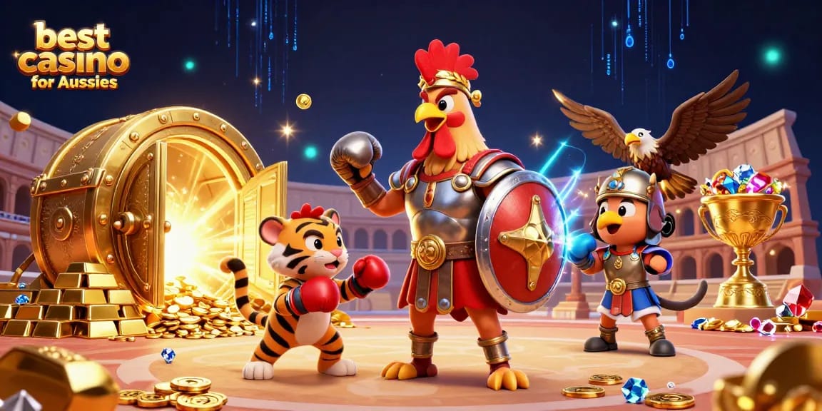 Action-packed scene showcasing the best casino platforms for Aussies with gladiator rooster and treasure bursts.