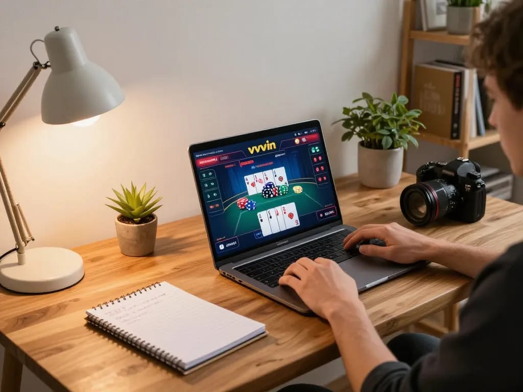 Player engaged in online gaming on vvvwin, showcasing a vibrant poker interface at home.