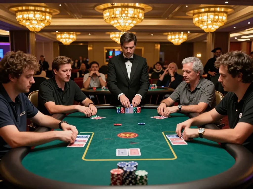 7M poker players strategizing with chips at an upscale casino table