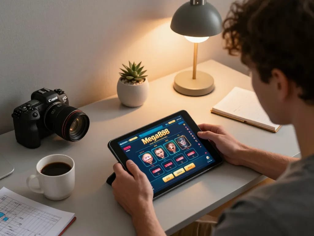 Player enjoying Mega888 online gaming experience at home, using Official IIPA apps for responsible strategies.