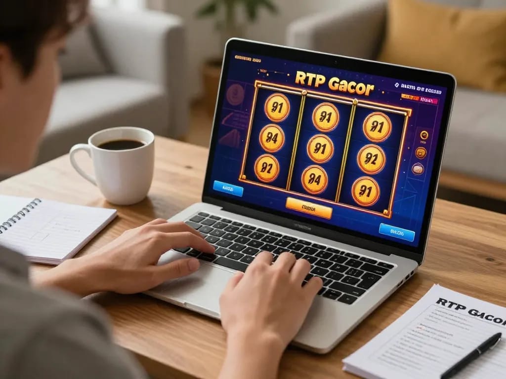 Player engaging in RTP slot gacor gameplay, showcasing excitement and strategy in a cozy home setting.