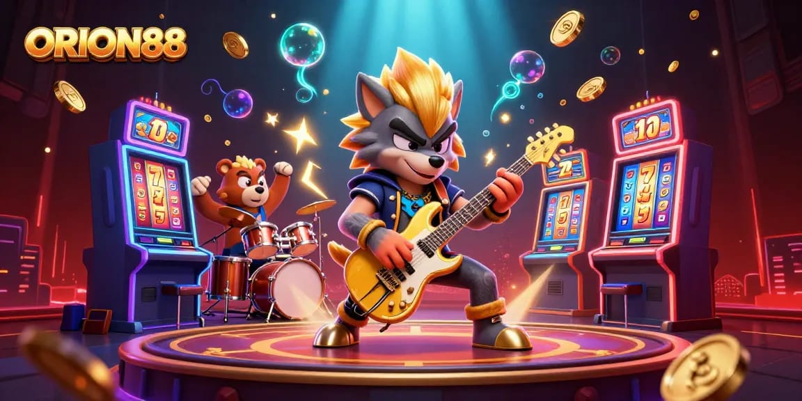 ORION88 showcases a thrilling casino scene with an electric guitar-playing wolf and lively gaming elements.
