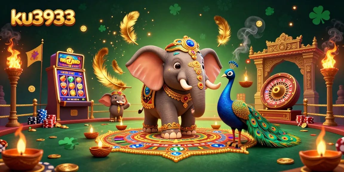 Engage with ku3933 in this vibrant 3D casino scene featuring a lucky Diwali elephant and exciting game elements.