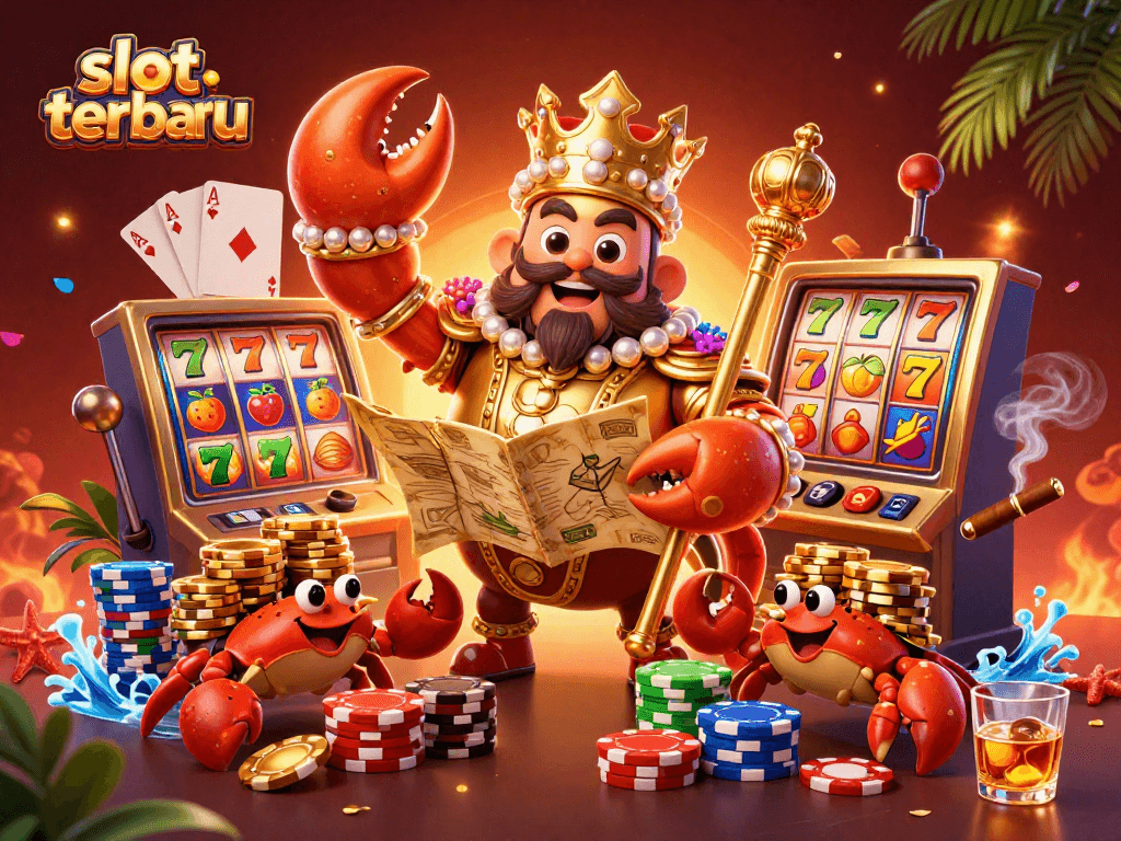 Experience endless fun at slot terbaru with this vibrant 3D crab-themed casino illustration.