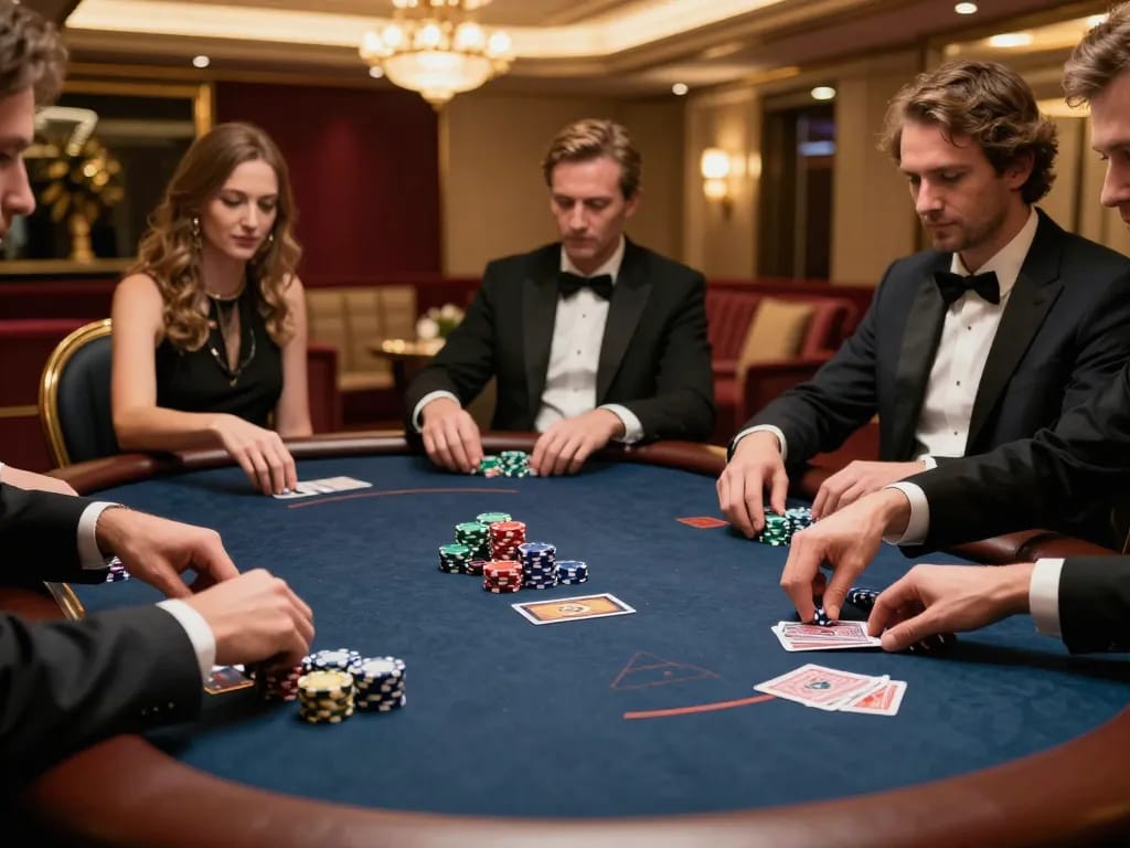 Player placing a strategic bet at shbet.com poker table in an upscale atmosphere, luxurious decor around