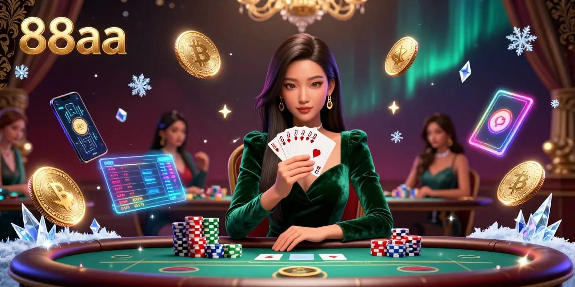 Experience thrilling poker action with 88aa and a stunning Asian dealer at an elegant table.