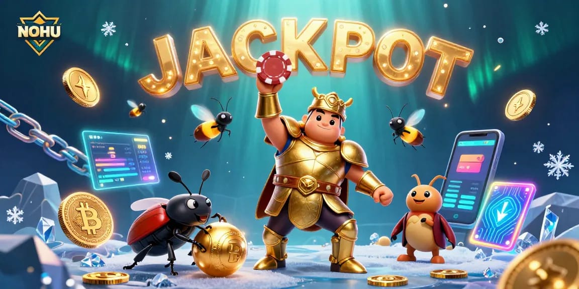 Engaging NOHU illustration shows a victorious beetle in a casino with glowing coins and the word JACKPOT!
