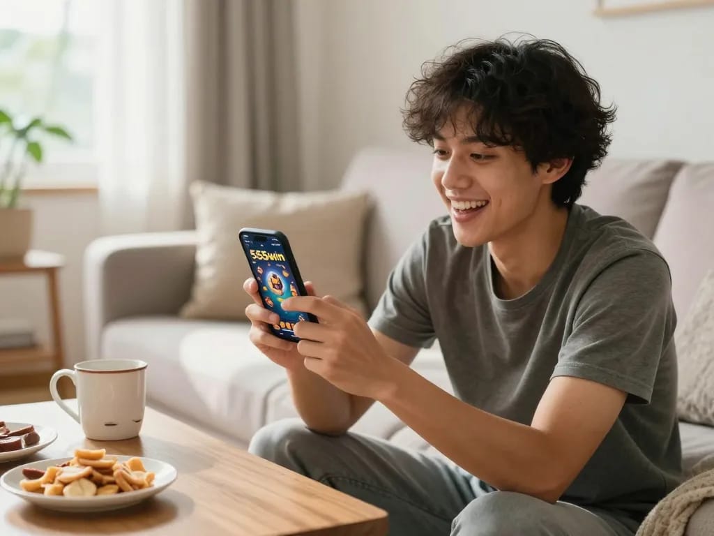 Engaging in 555win mobile gaming while relaxing on the couch with a smartphone