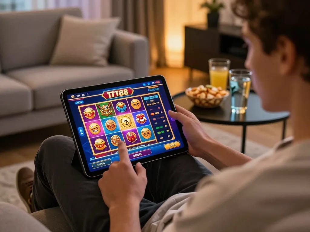 Playing TT88 slot games on mobile app while relaxing at home surrounded by snacks