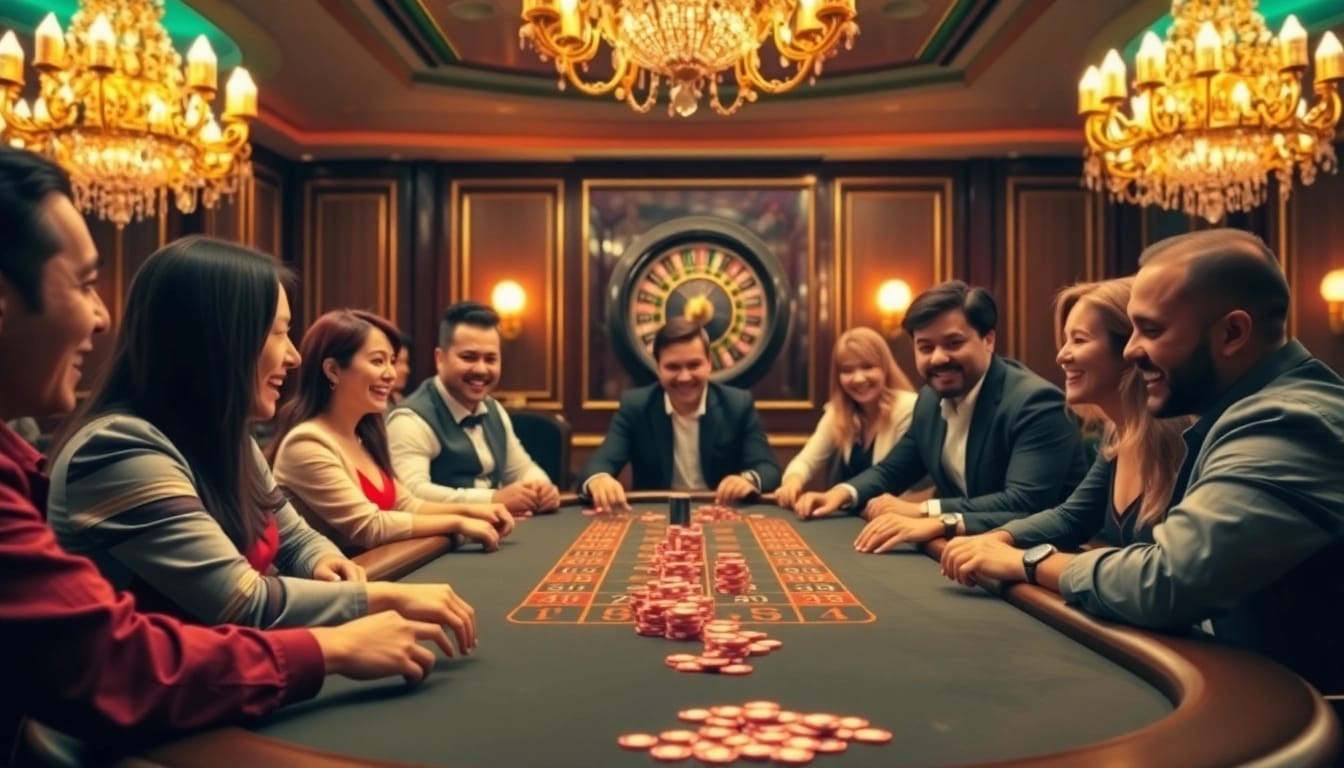 Experience the thrill of togel sdy at a sophisticated casino setting with players and roulette.