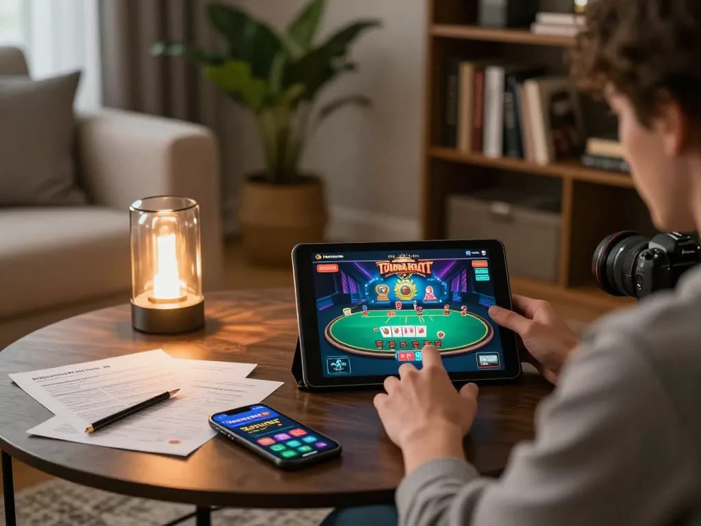 Engaging in online poker on a tablet, showcasing virtualpaymentsystems seamlessly integrated into home gaming.