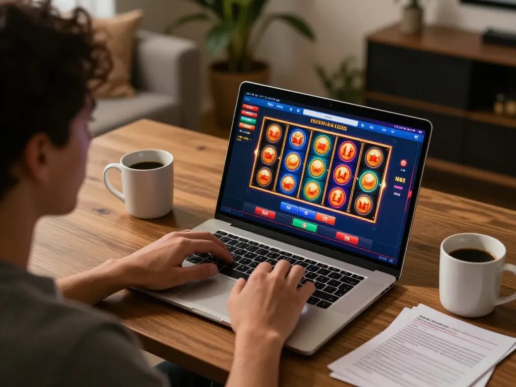 Engaging online gaming scene featuring imcatherinemcgrath with vibrant slot reels on screen.