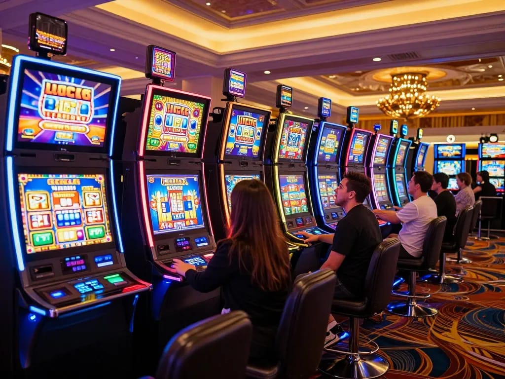Trải nghiệm sự phấn khích của LUCK8 với người chơi thưởng thức các máy đánh bạc sống động trong bầu không khí sòng bạc sang trọng.