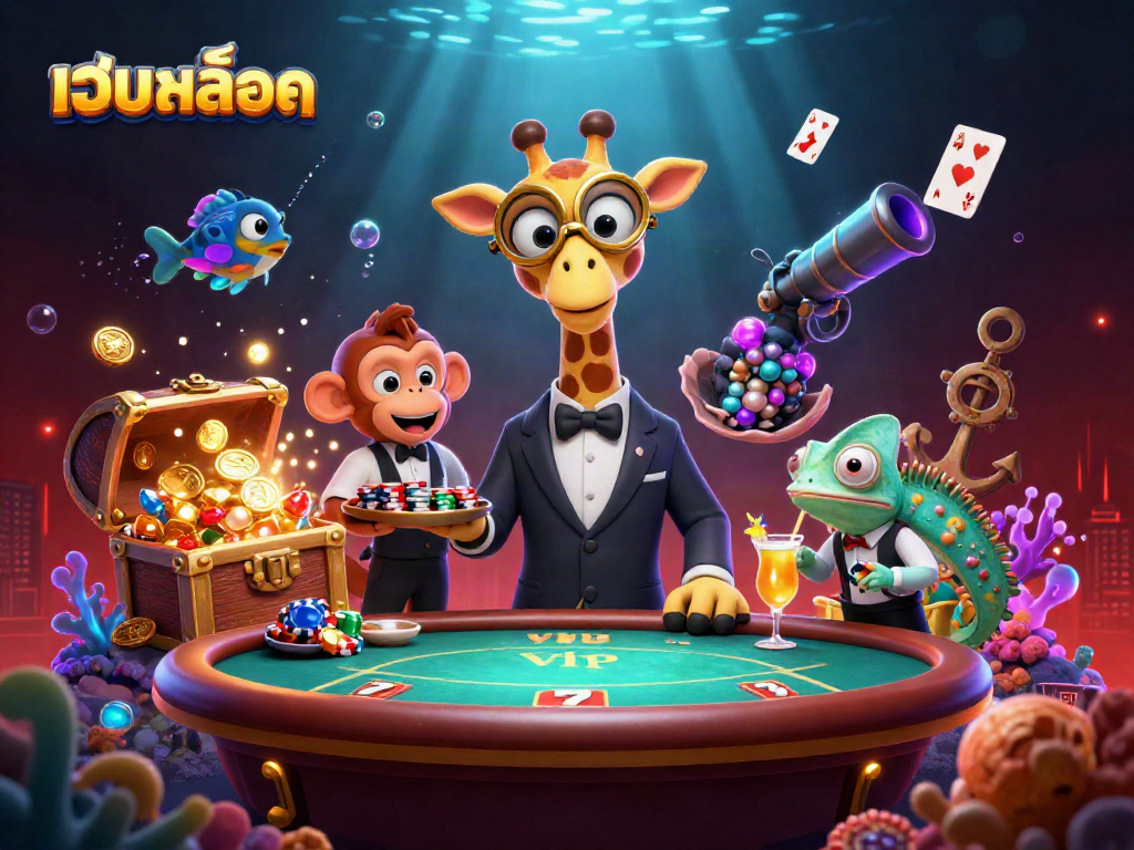 Play เว็บสล็อต at a VIP poker table surrounded by lucky charms and vibrant casino elements.