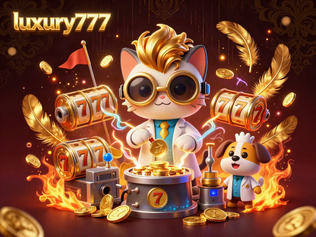 Menang di game luxury777 dengan kucing ilmuwan gila dan anjing pembantu berbusana lab, dikelilingi koin emas.