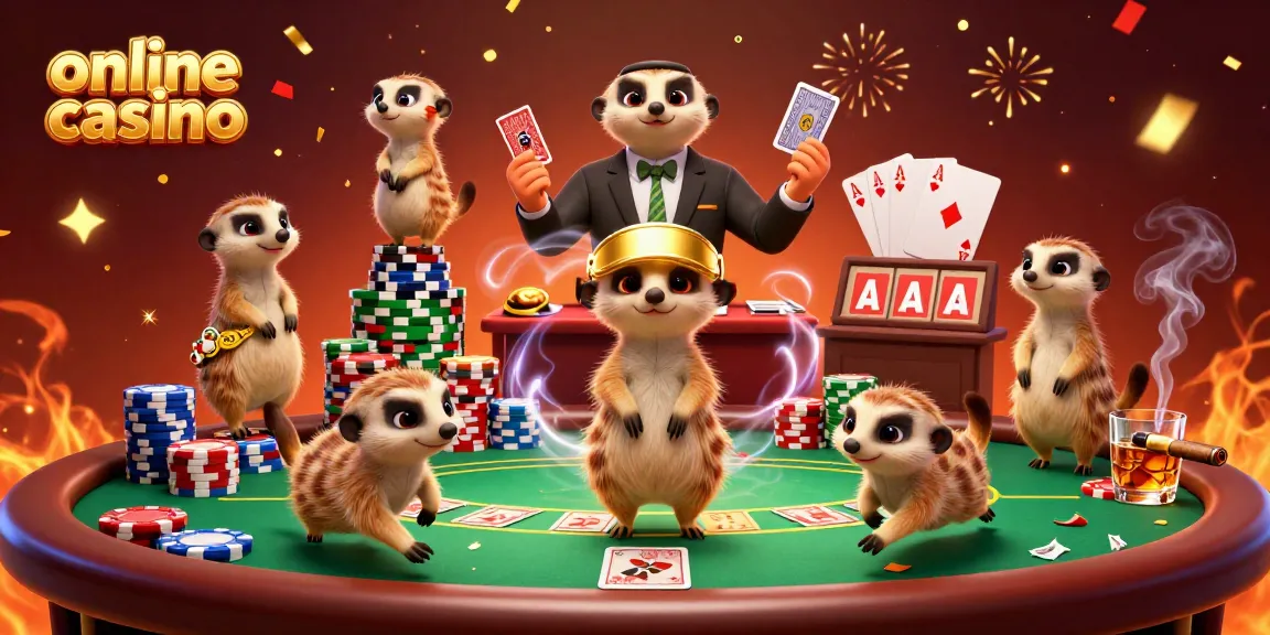 Engaging meerkats operating an online casino, showcasing creativity and excitement.