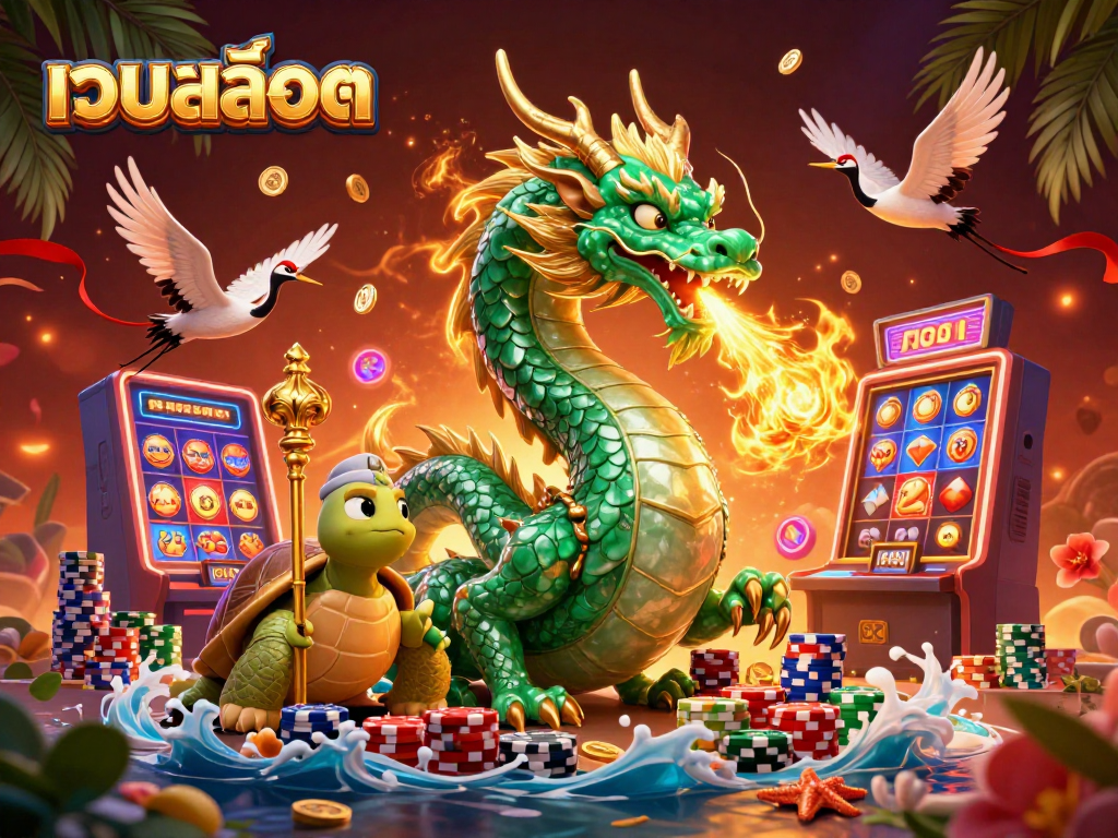Engage with เว็บสล็อต experience featuring a mystical jade dragon amidst dynamic casino elements.