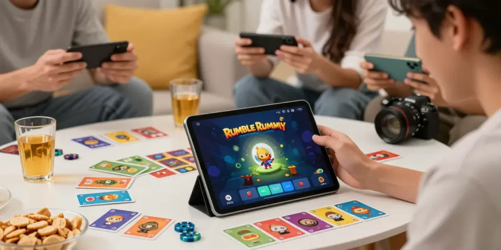 Player enjoying rumble rummy app in a cozy living room setting with friends