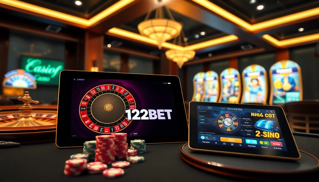 Experience the excitement of NHÀ CÁI 12BET with luxurious casino visuals filled with poker chips and roulette.