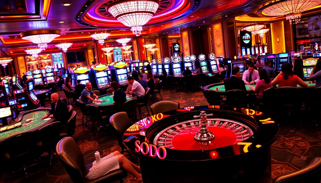 SODO casino scene showcasing vibrant gaming tables filled with engaged players and luxury decor.