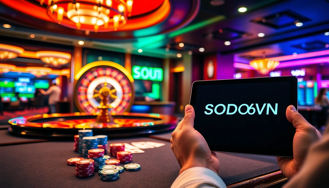 SODO66VN players engaging at a luxury casino table surrounded by vibrant lights and an online betting interface.