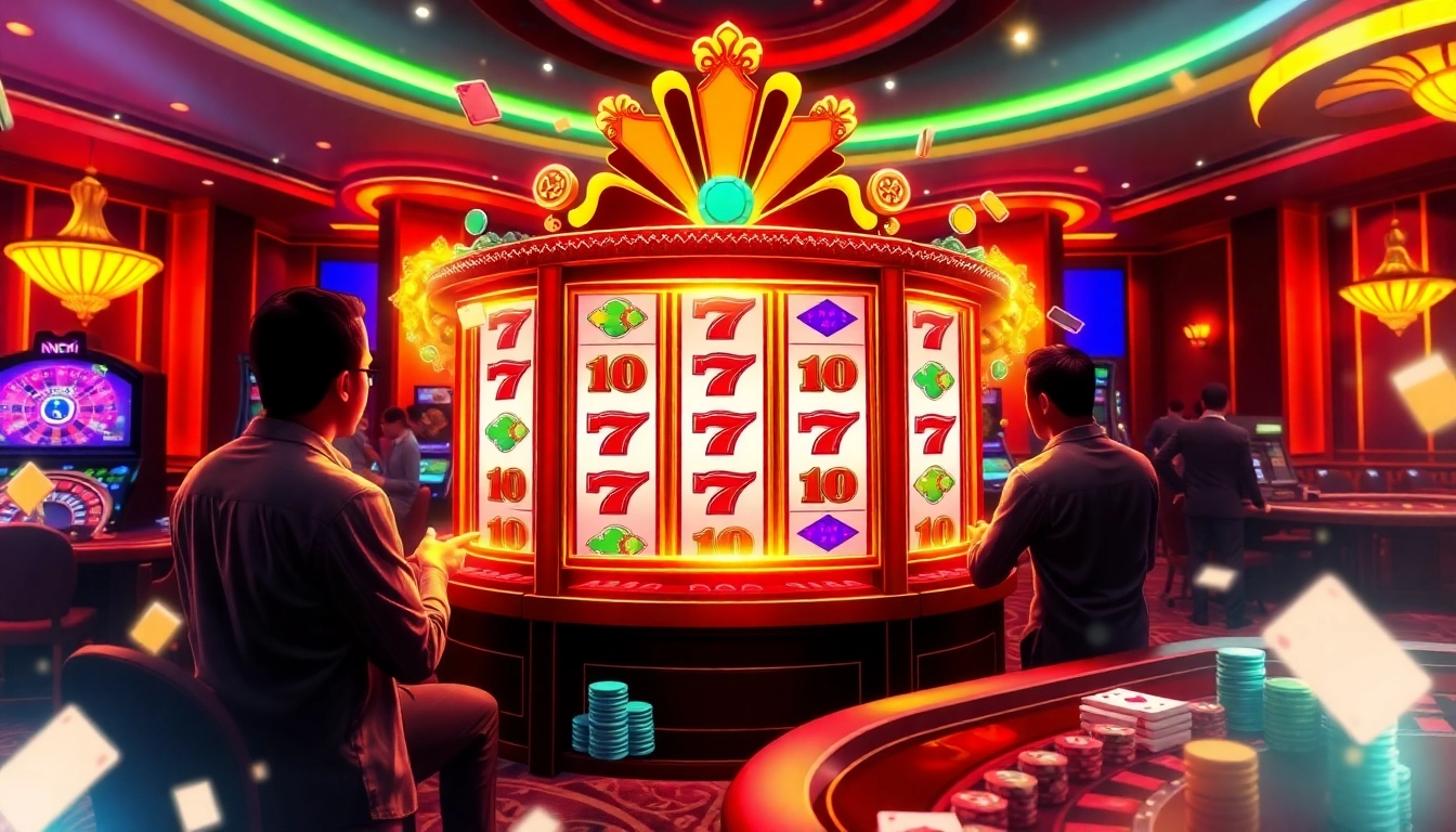 Nổ Hũ Đổi Thưởng jackpot slot machine draws in players with colorful chips and casino excitement.