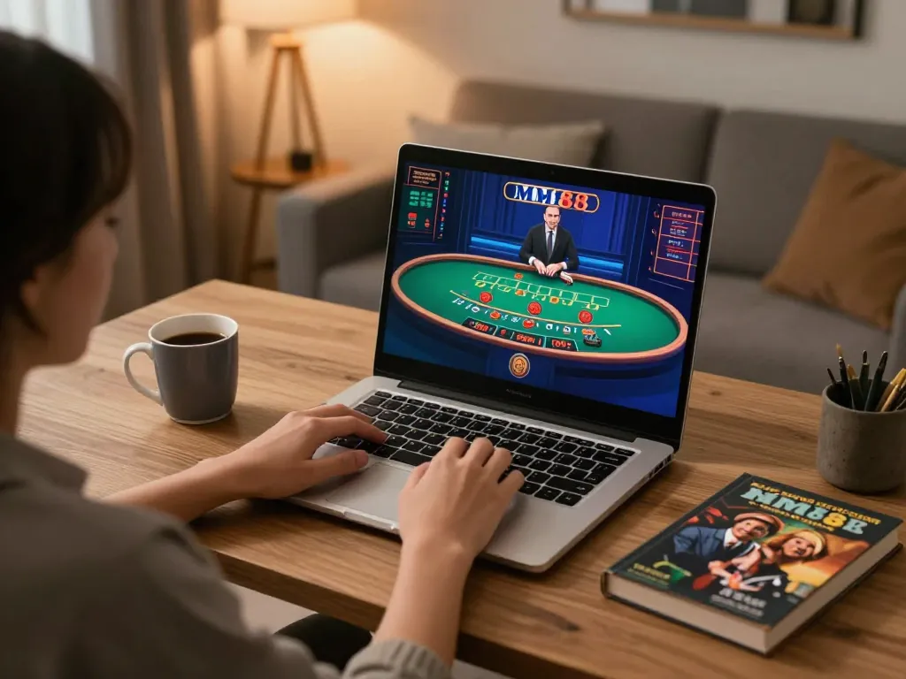 Engaging with mm88 casino games on a laptop in a cozy home setup, showcasing focus and strategy
