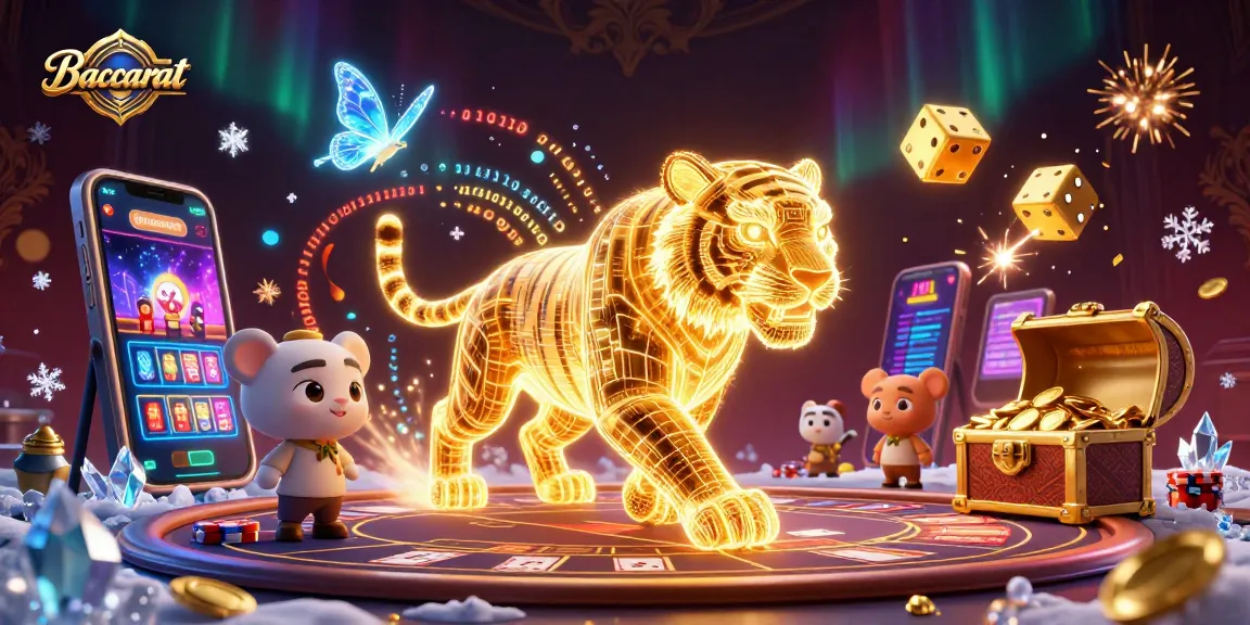 Baccarat table scene with a golden tiger and holographic butterflies in a vibrant casino atmosphere.