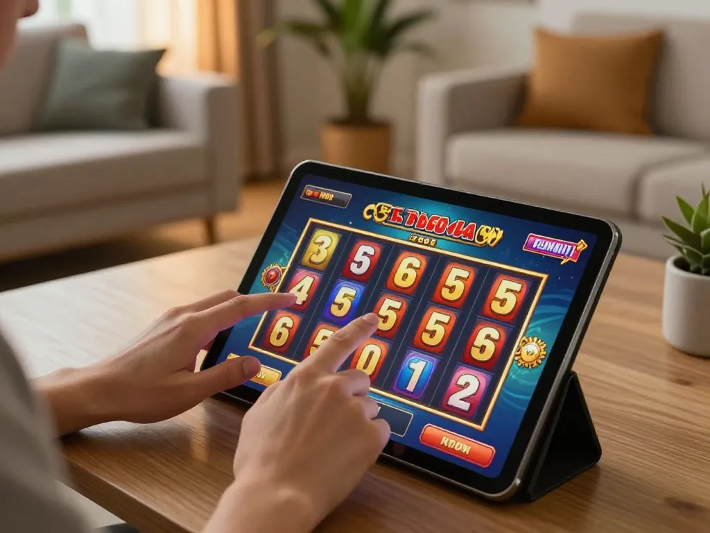Engaging with a demo slot game on a tablet in a modern living room, showcasing gaming excitement
