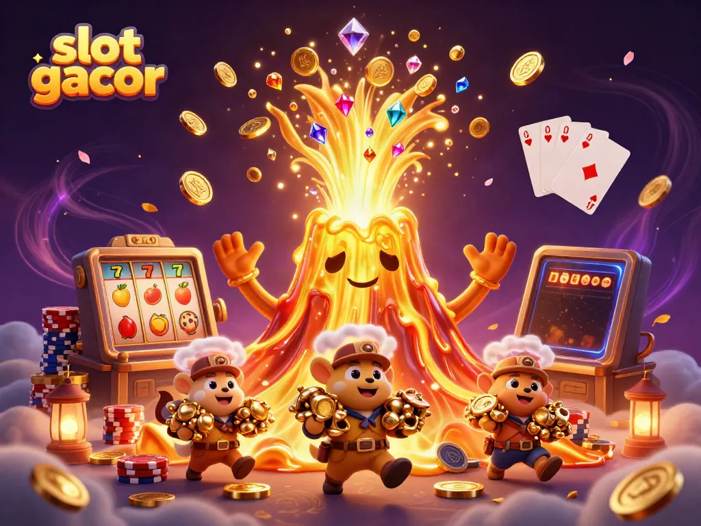 Experience thrilling moments with slot gacor as a golden volcano surges treasures in a casino atmosphere.