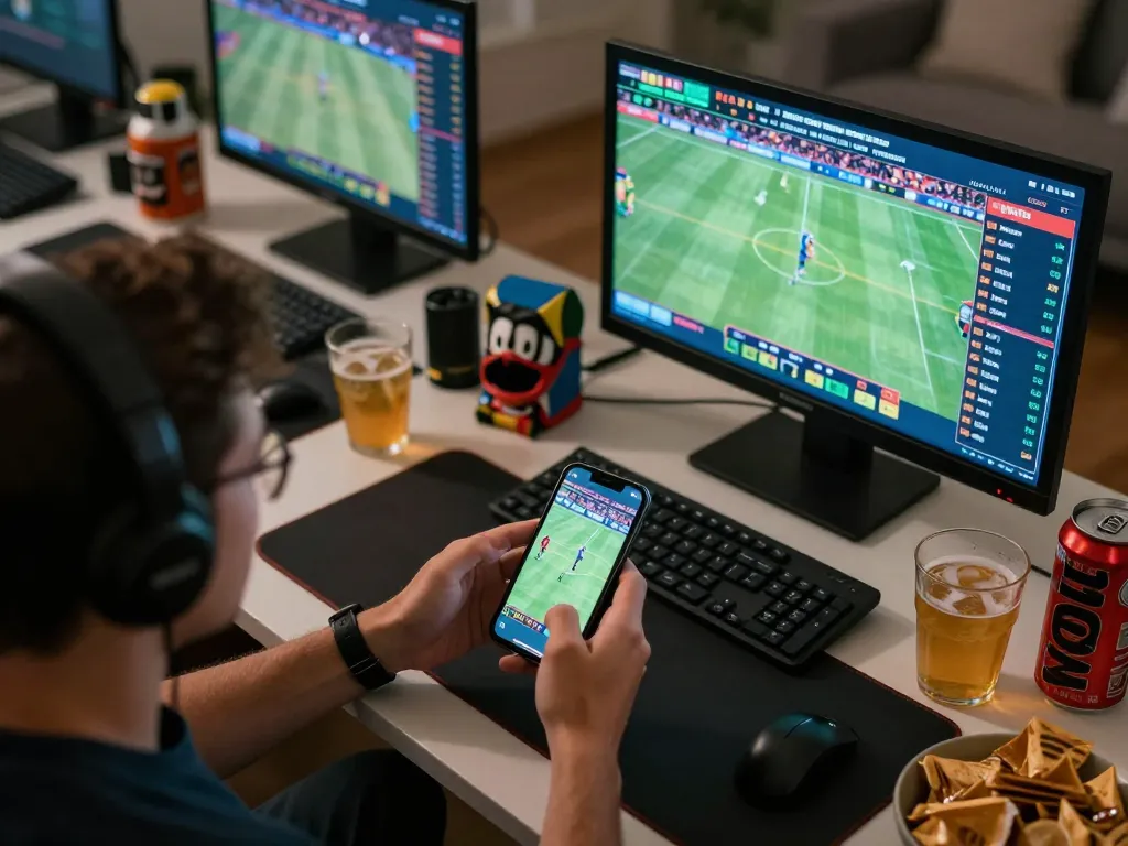 F8BET user placing sports bets on mobile device, enjoying interactive gaming atmosphere.
