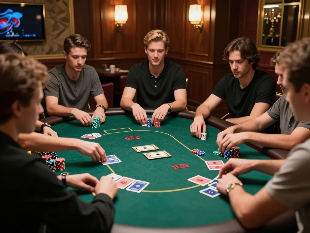 Players experience high-stakes poker in an elegant gaming room at 100vip co, showcasing premium cards and lively atmosphere.