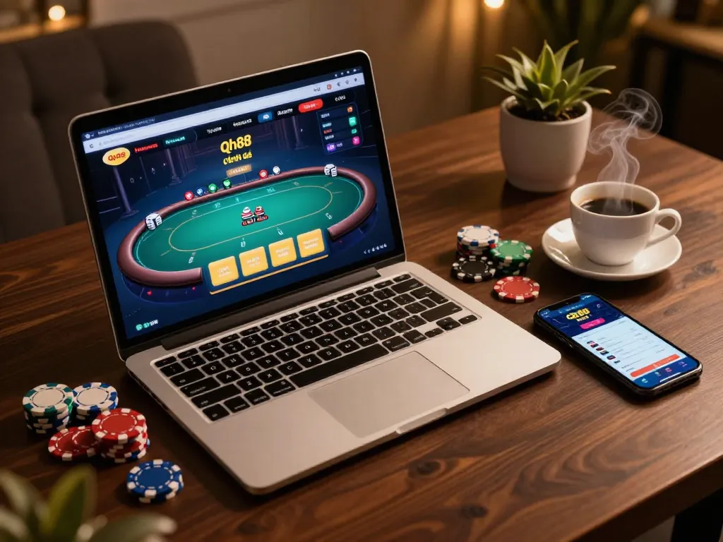 Playing poker on Qh88 chính thức with a laptop and smartphone in a cozy setting