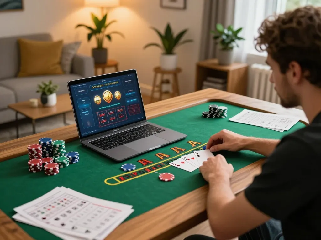 Player engaging with live dealer game on 99Win, surrounded by gaming strategy notes and chips