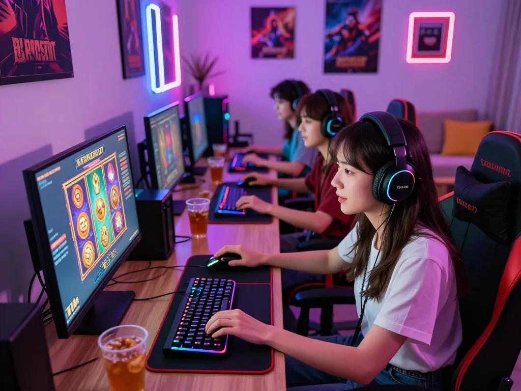 Engaged gamers enjoying barcaslot slot games in a vibrant home gaming setup.