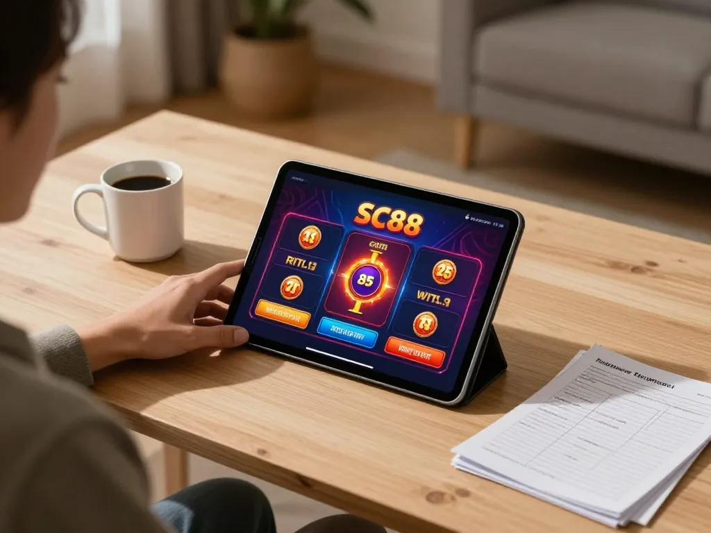 Engaging with the SC88 casino app on a tablet in a warm, cozy home setup featuring a strategic gaming atmosphere.