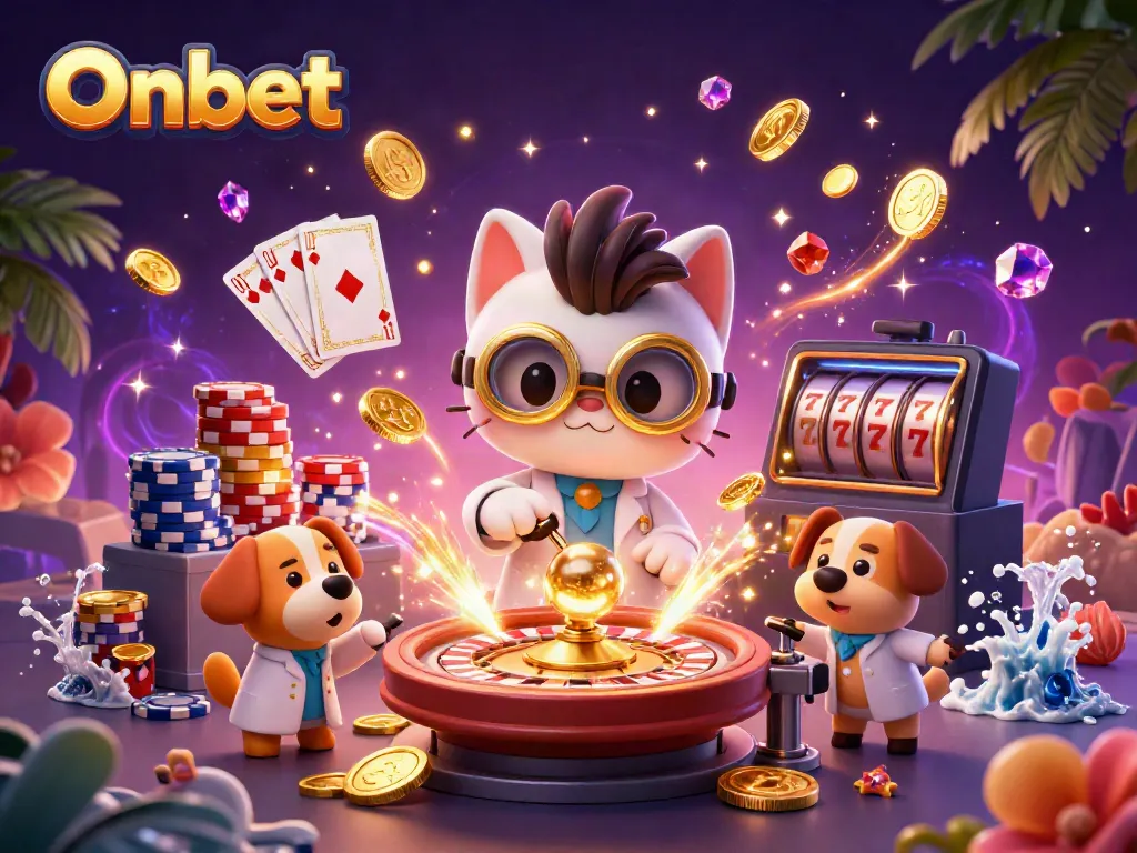 Experience the excitement of Onbet with a mad scientist cat and dog in a vibrant casino lab.