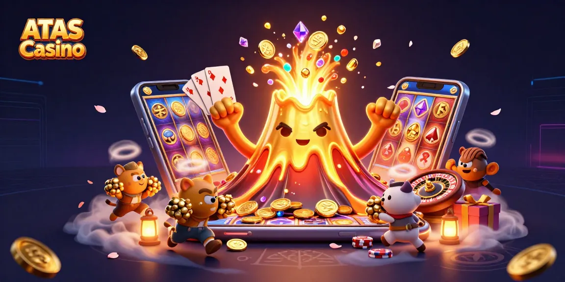 Play thrilling games at ATAS Casino with a vibrant 3D volcano erupting treasures in this illustration.