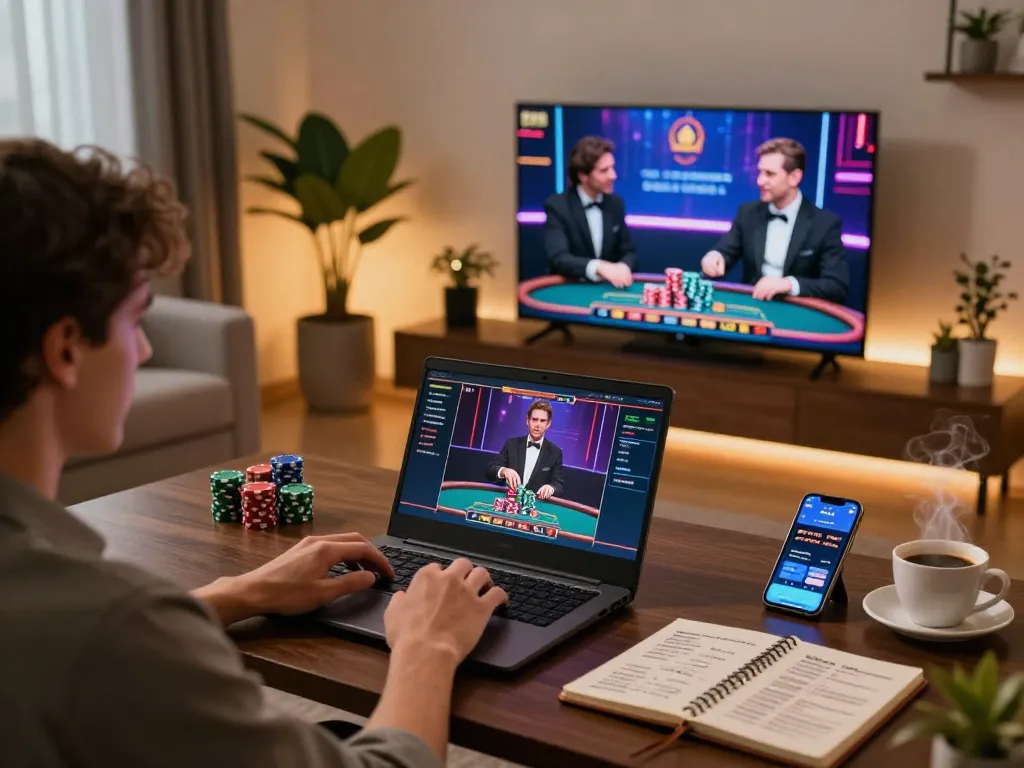 W88 player engaging in live online betting with stylish setup, focusing on strategic gameplay and user experience.
