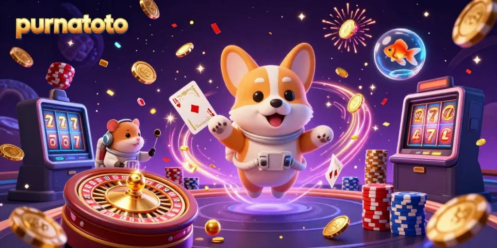 Permainan kasino Purnatoto yang menyenangkan, dengan slot, koin emas, dan karakter ceria.
