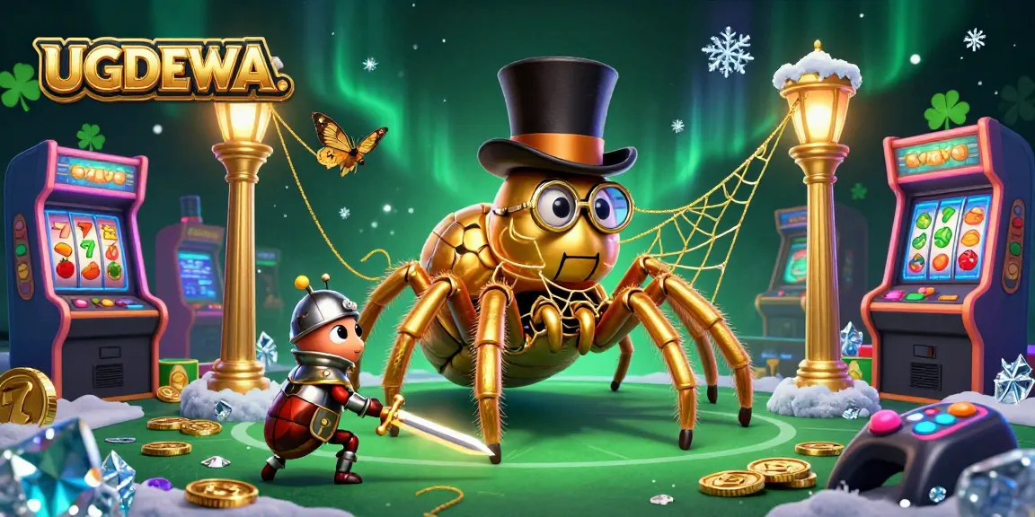 Engage with the exciting UGDEWA gaming experience featuring a playful golden tarantula weaving a treasure-filled web.