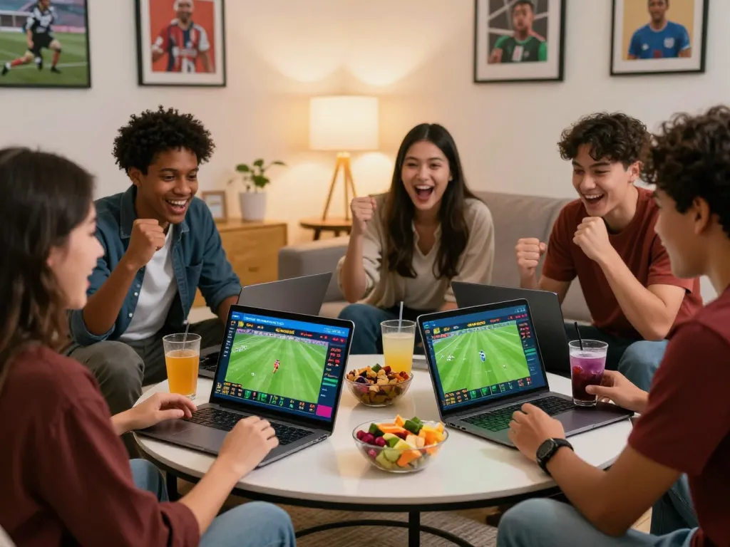 Teman-teman menikmati taruhan judi bola online saat pertandingan sepak bola langsung di dalam ruangan yang nyaman.