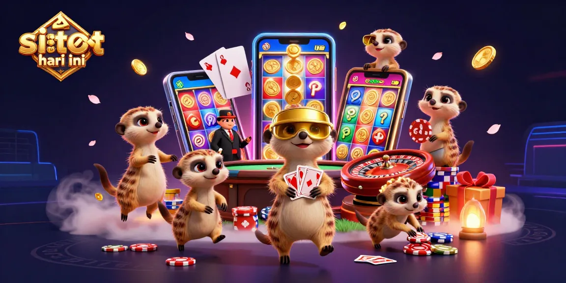 Engaging and vibrant scene of a casino operated by meerkats, showcasing the thrilling experience of situs slot gacor hari ini.