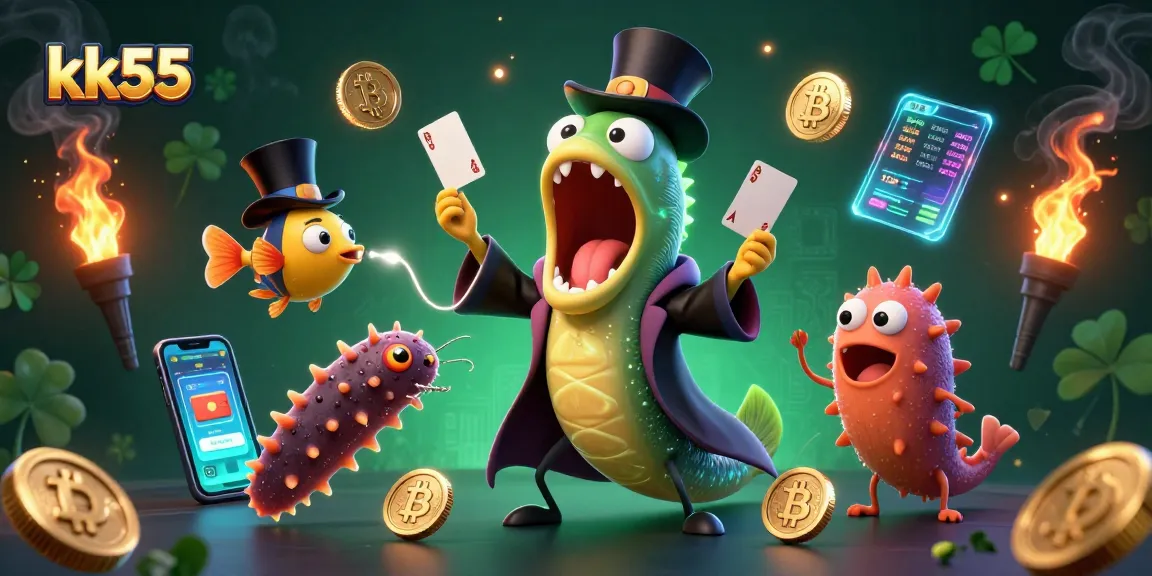 kk55's magical gambling scene features a glowing gulper eel and anglerfish amidst crypto coins.