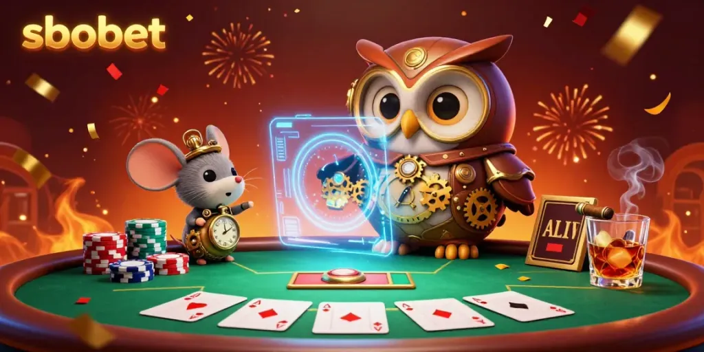 Experience sbobet with a vibrant scene of a time-traveler owl and poker elements bursting with celebration.
