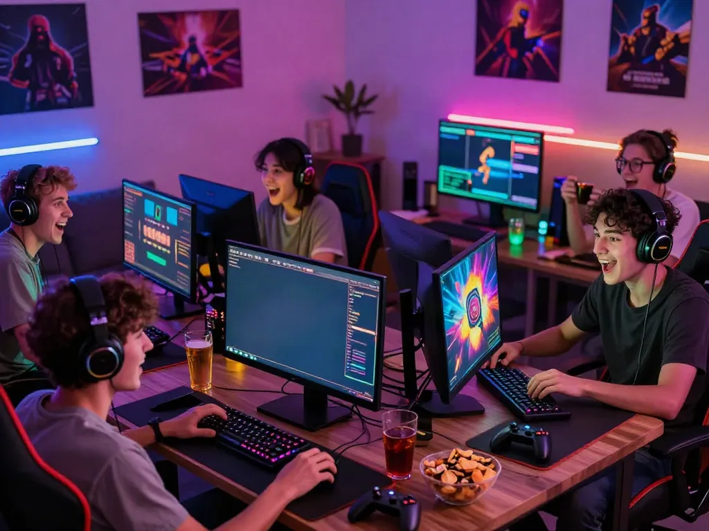 Friends enjoying an akunjp online gaming session in a vibrant living room.