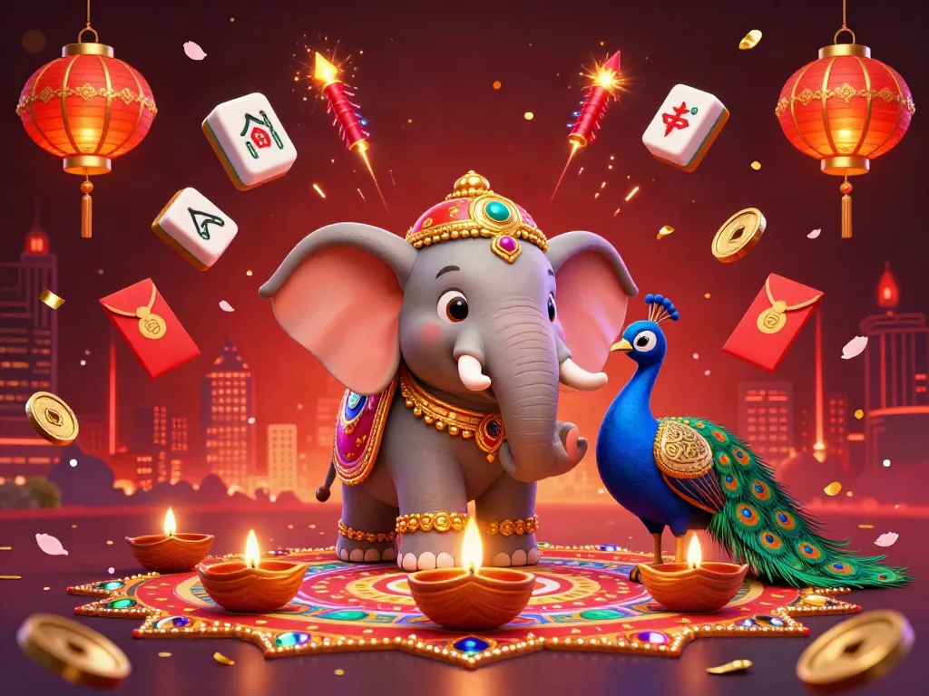 Play lively rounds of Rumble Rummy in a colorful Indian-themed casino atmosphere alive with festive decorations and engaging game elements.